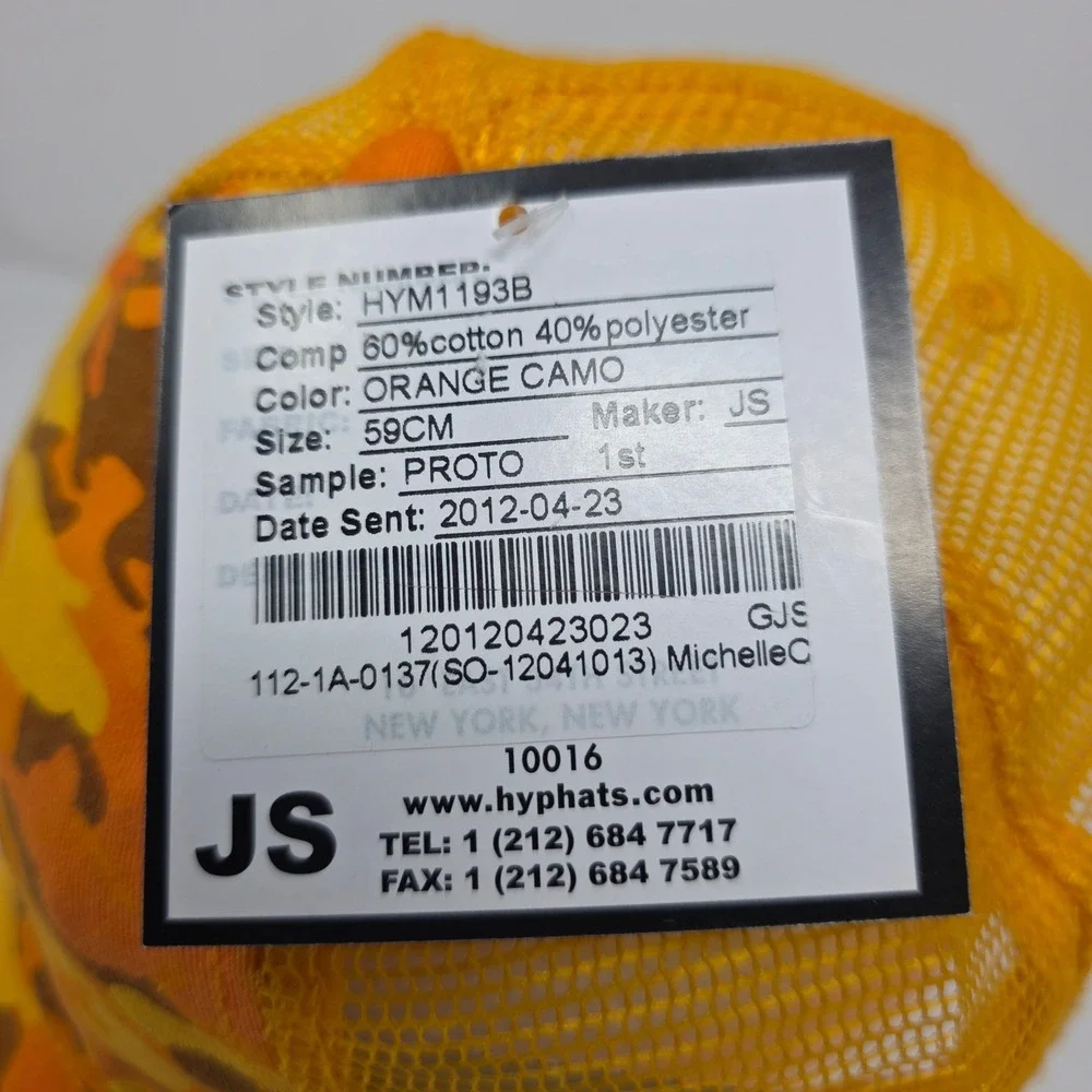 HYP Trucker Hat 59CM Orange Camo Cotton Blend Snapback Mesh Yellow 2012 Vintage